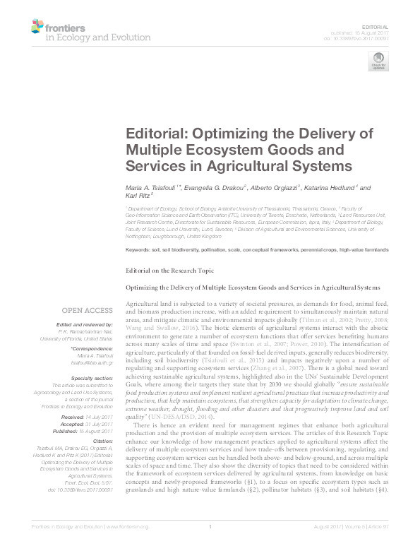 Editorial: Optimizing the delivery of multiple ecosystem goods and services in agricultural systems Thumbnail