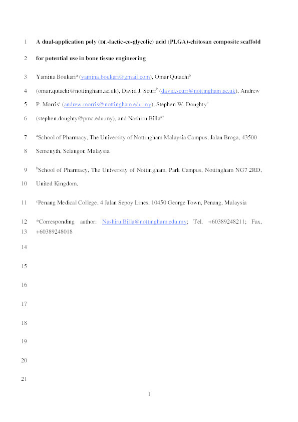 A dual-application poly (DL-lactic-co-glycolic) acid (PLGA)-chitosan composite scaffold for potential use in bone tissue engineering Thumbnail