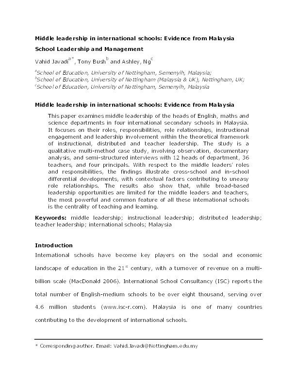 Middle leadership in international schools: evidence from Malaysia Thumbnail