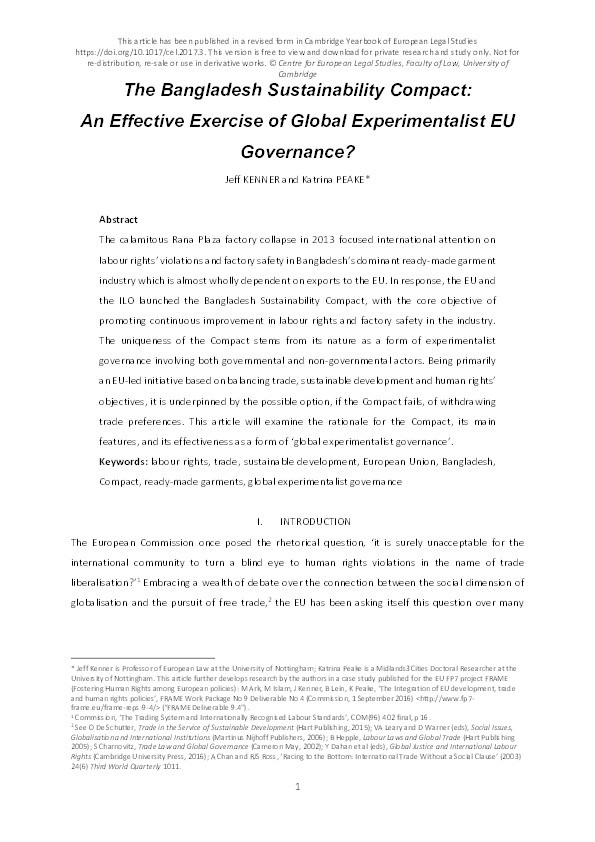 The Bangladesh Sustainability Compact: an effective exercise of global experimentalist EU governance? Thumbnail