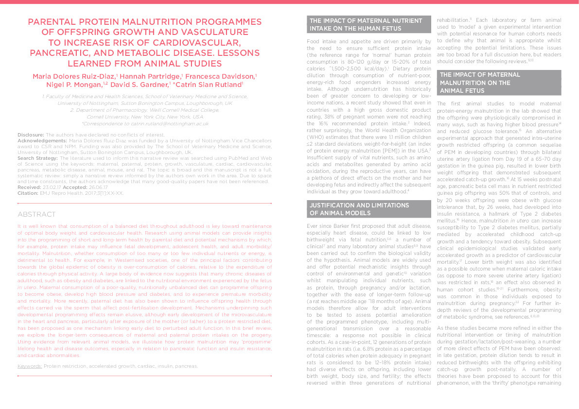 Parental protein malnutrition programmes of offspring growth and vasculature to increase risk of cardiovascular, pancreatic, and metabolic disease: lessons learned from animal studies Thumbnail