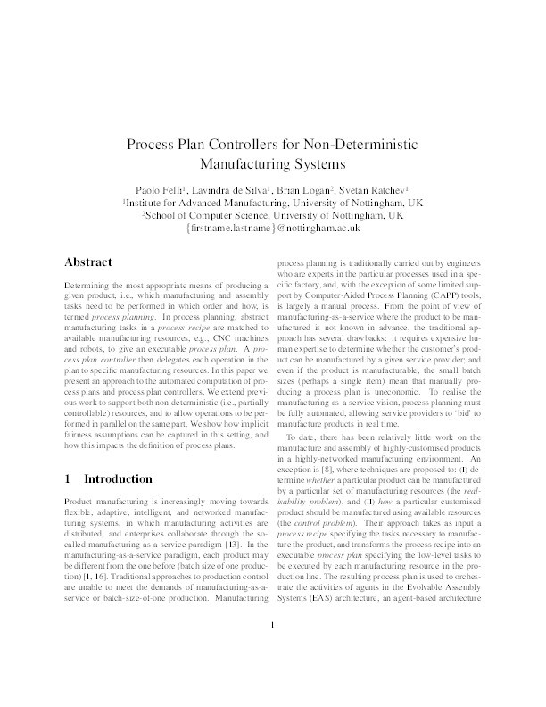 Process Plan Controllers for Non-Deterministic Manufacturing Systems Thumbnail