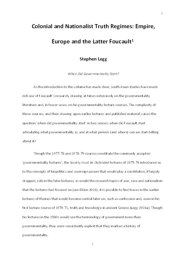 Colonial and nationalist truth regimes: empire, Europe and the latter Foucault Thumbnail