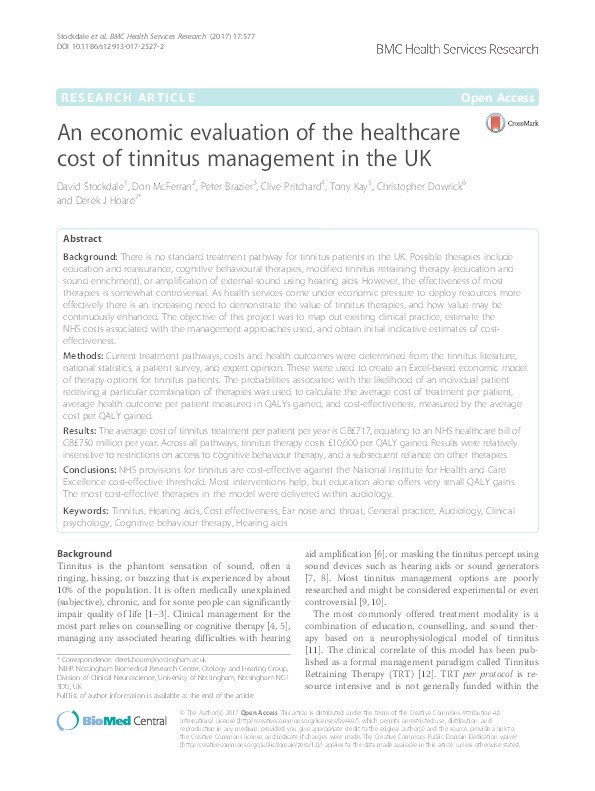 An economic evaluation of the healthcare cost of tinnitus management in the UK Thumbnail