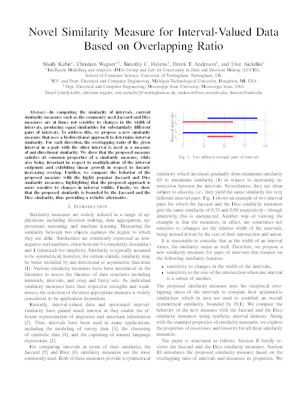 Novel similarity measure for interval-valued data based on overlapping ratio Thumbnail
