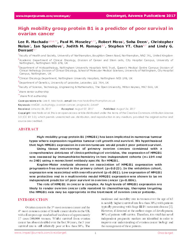 High mobility group protein B1 is a predictor of poor survival in ovarian cancer Thumbnail