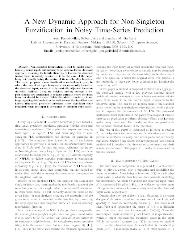 A new dynamic approach for non-singleton fuzzification in noisy time-series prediction Thumbnail