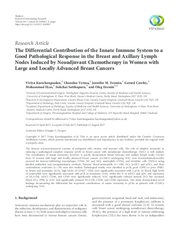 The differential contribution of the innate immune system to a good pathological response in the breast and axillary lymph nodes induced by neoadjuvant chemotherapy in women with large and locally advanced breast cancers Thumbnail