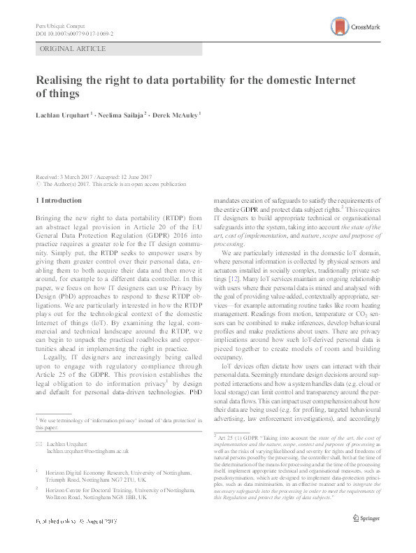 Realising the right to data portability for the domestic Internet of things Thumbnail