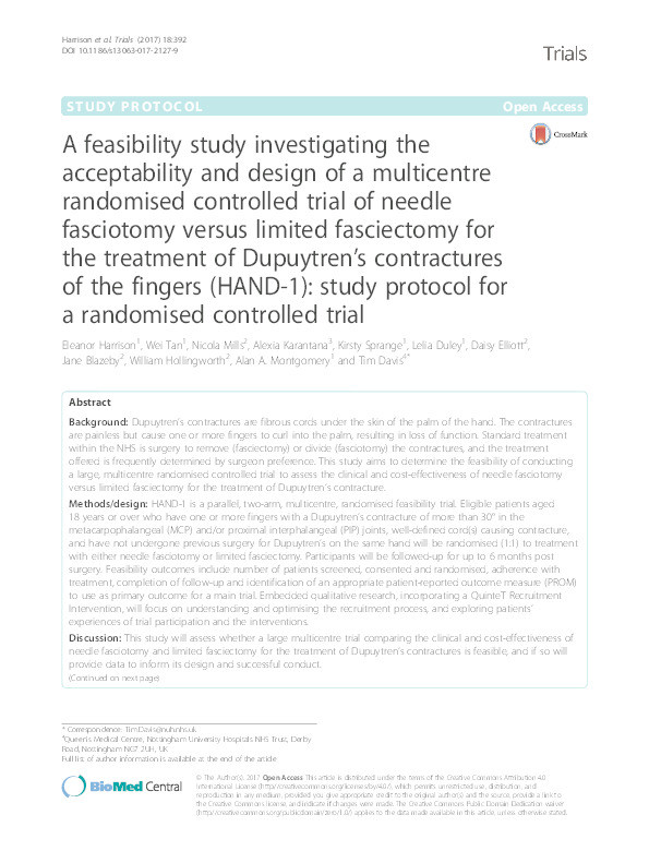 A feasibility study investigating the acceptability and design of a multicentre randomised controlled trial of needle fasciotomy versus limited fasciectomy for the treatment of Dupuytren's contractures of the fingers (HAND-1): Study protocol for a randomised controlled trial Thumbnail