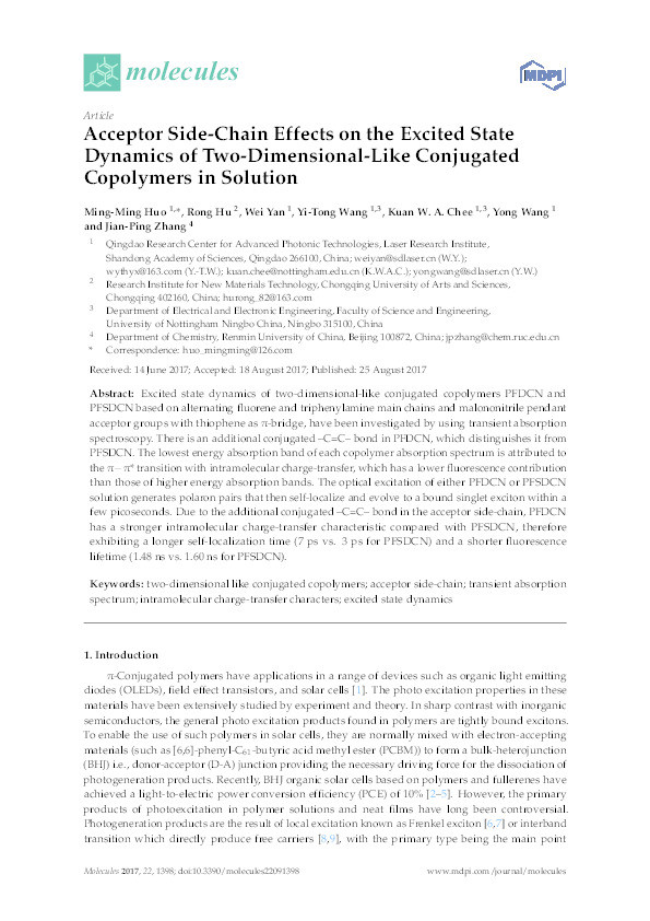 Acceptor side-chain effects on the excited state dynamics of two-dimensional-like conjugated copolymers in solution Thumbnail