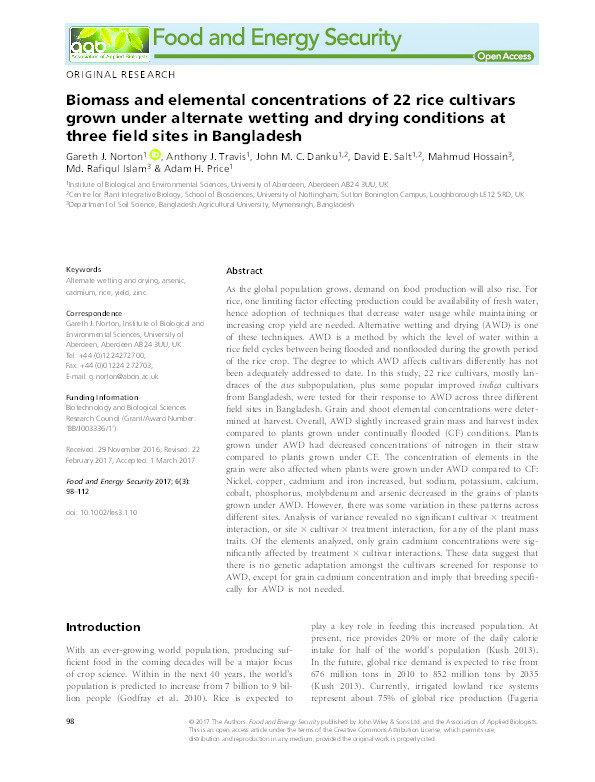 Biomass and elemental concentrations of 22 rice cultivars grown under alternate wetting and drying conditions at three field sites in Bangladesh Thumbnail