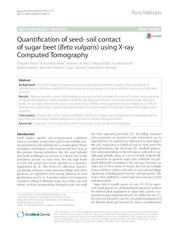 Quantification of seed-soil contact of sugar beet (Beta vulgaris) using X-ray Computed Tomography Thumbnail