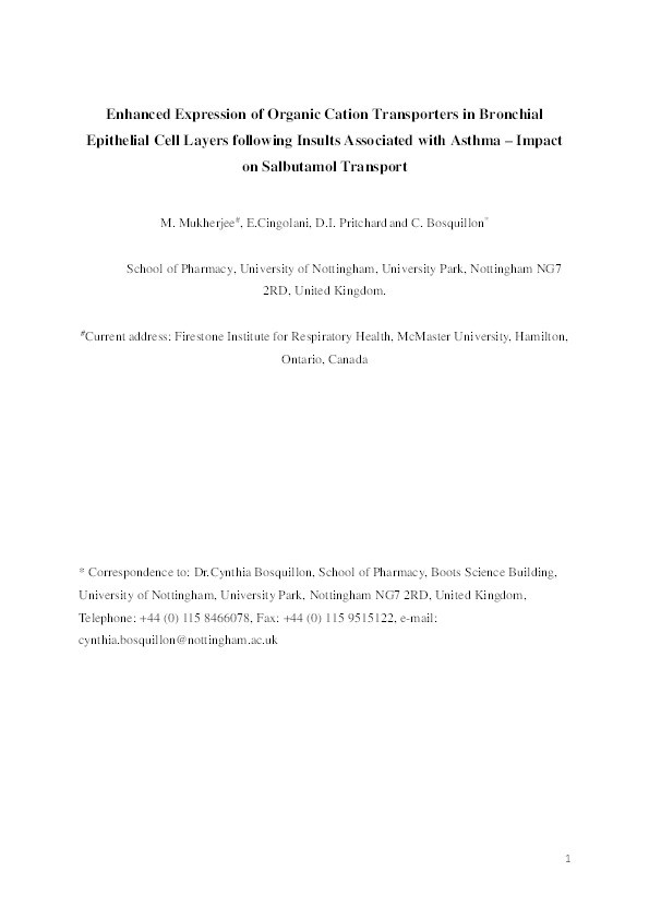 Enhanced expression of Organic Cation Transporters in bronchial epithelial cell layers following insults associated with asthma – impact on salbutamol transport Thumbnail