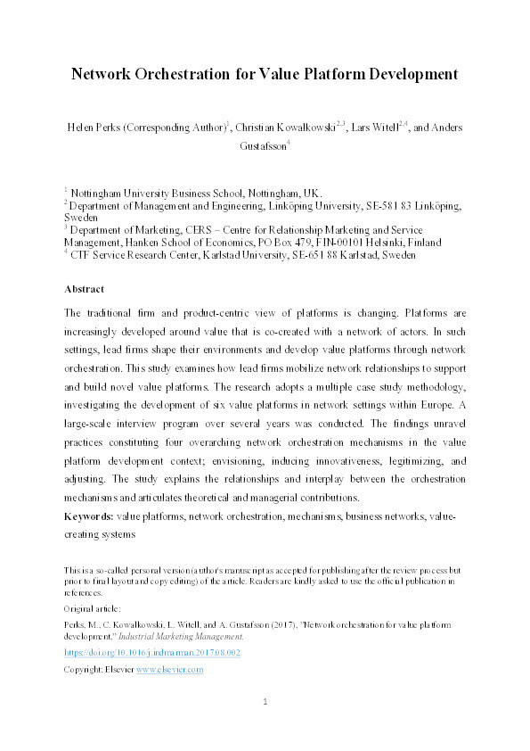 Network orchestration for value platform development Thumbnail