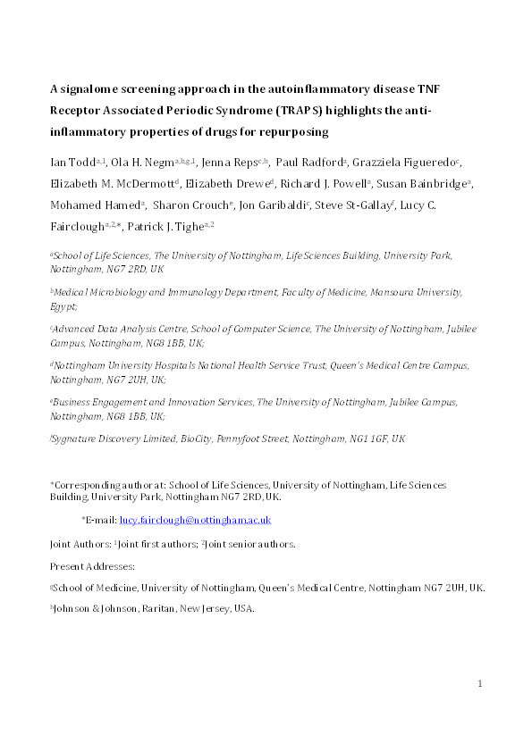 A signalome screening approach in the autoinflammatory disease TNF receptor associated periodic syndrome (TRAPS) highlights the anti-inflammatory properties of drugs for repurposing Thumbnail