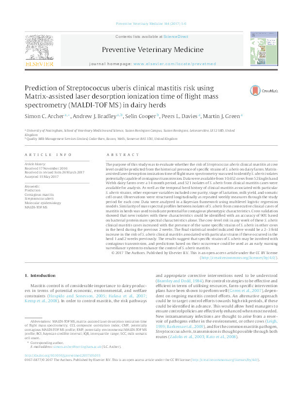 Prediction of Streptococcus uberis clinical mastitis risk using Matrix-assisted laser desorption ionization time of flight mass spectrometry (MALDI-TOF MS) in dairy herds Thumbnail