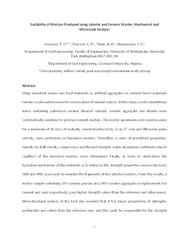 Suitability of mortars produced using laterite and ceramic wastes: mechanical and microscale analysis Thumbnail