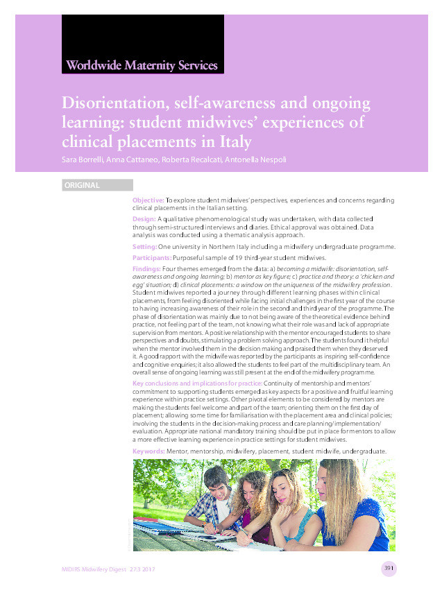 Disorientation, self-awareness and ongoing learning: student midwives’ experiences of clinical placements in Italy Thumbnail
