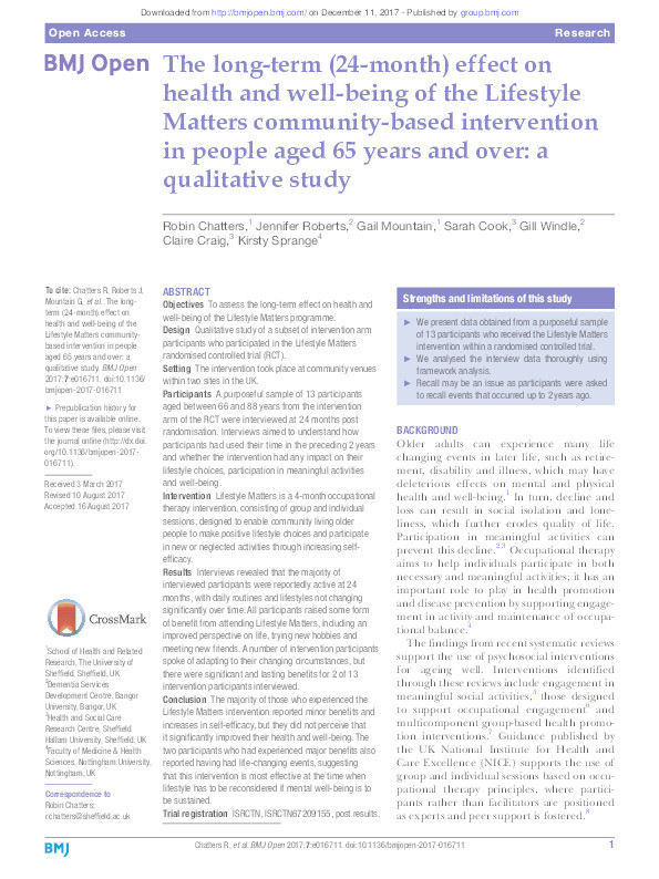 The long-term (24-month) effect on health and well-being of the Lifestyle Matters community-based intervention in people aged 65 years and over: a qualitative study Thumbnail