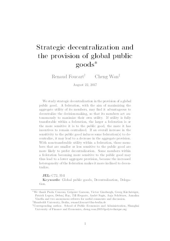Strategic decentralization and the provision of global public goods Thumbnail