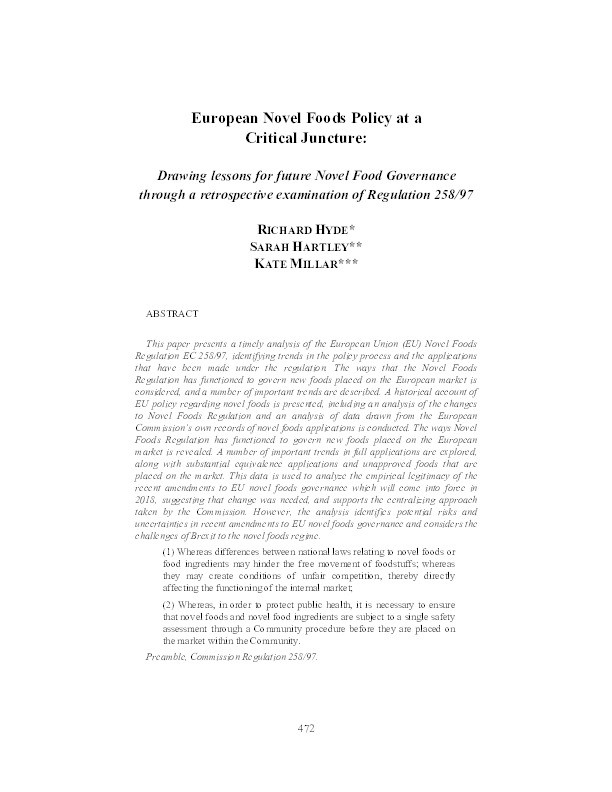 European Novel Foods Policy at a critical juncture: drawing lessons for future Novel Food Governance through a retrospective examination of Regulation 258/97 Thumbnail