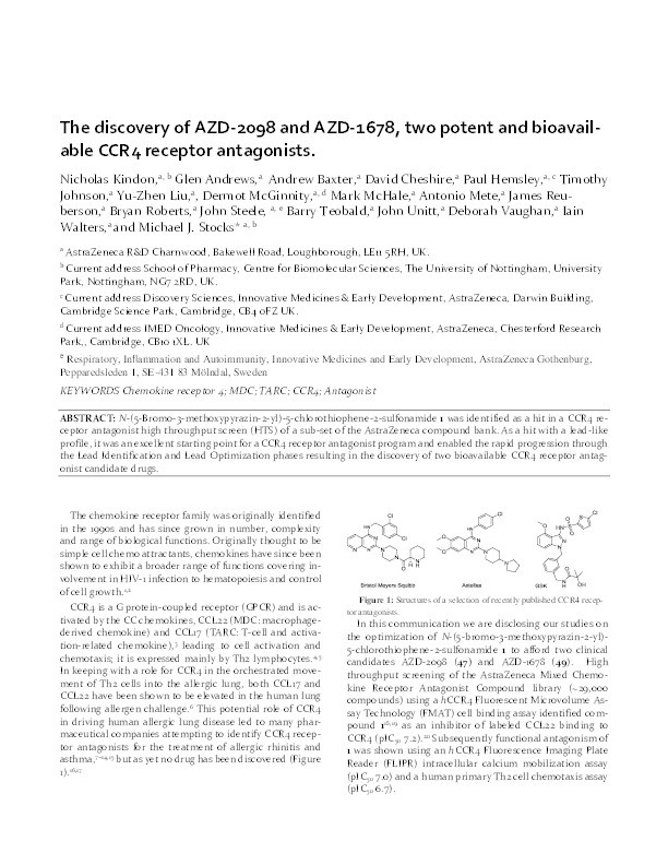 Discovery of AZD-2098 and AZD-1678, two potent and bioavailable CCR4 receptor antagonists Thumbnail