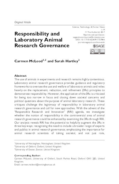 Responsibility and laboratory animal research governance Thumbnail