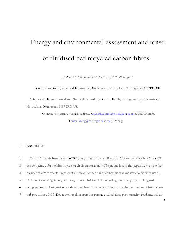 Energy and environmental assessment and reuse of fluidised bed recycled carbon fibres Thumbnail