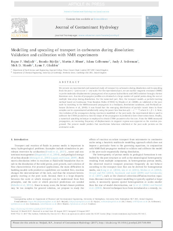 Modelling and upscaling of transport in carbonates during dissolution: validation and calibration with NMR experiments Thumbnail