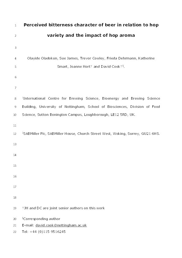 Perceived bitterness character of beer in relation to hop variety and the impact of hop aroma Thumbnail