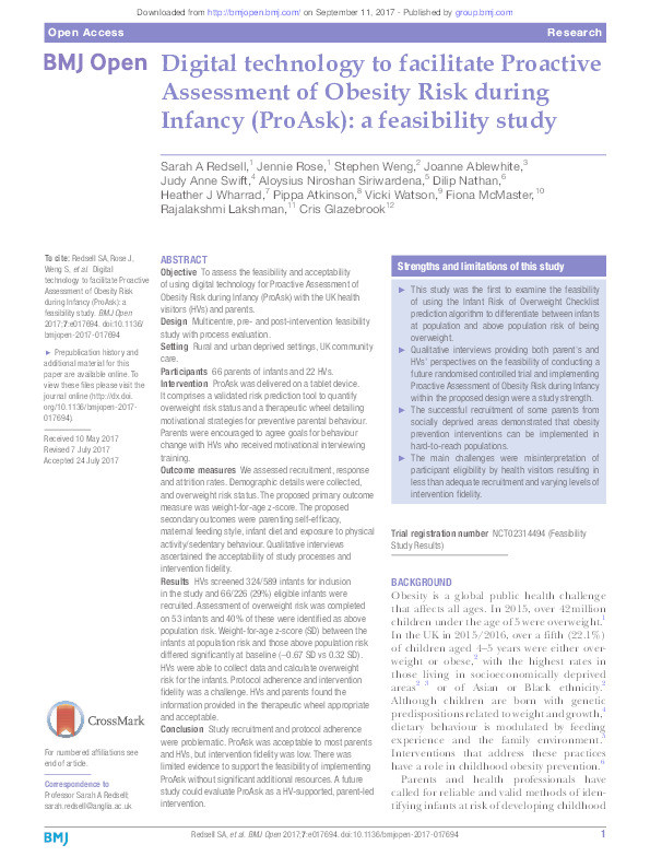 Digital technology to facilitate Proactive Assessment of Obesity Risk during Infancy (ProAsk): a feasibility study Thumbnail