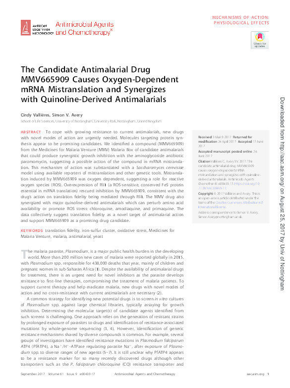 The candidate antimalarial drug MMV665909 causes oxygen-dependent mRNA mistranslation and synergises with quinoline-derived antimalarials Thumbnail