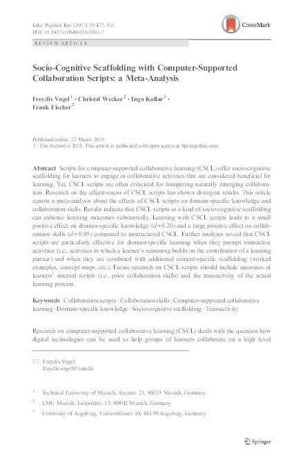 Socio-cognitive scaffolding with collaboration scripts: a meta-analysis Thumbnail