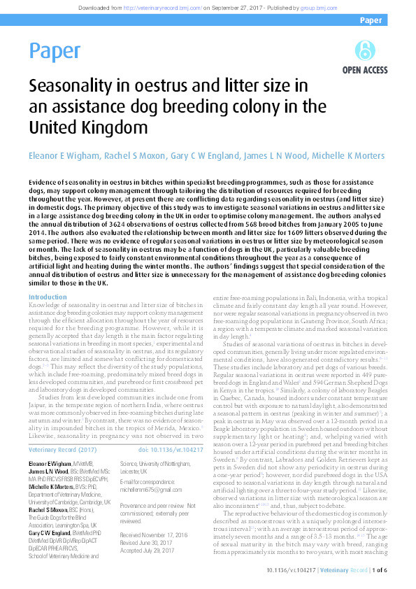 Seasonality in oestrus and litter size in an assistance dog breeding colony in the United Kingdom Thumbnail