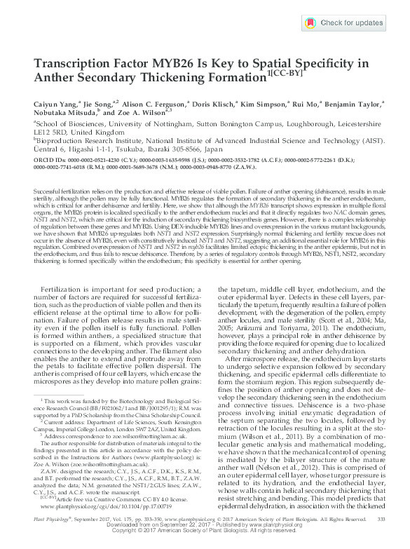 Transcription factor MYB26 is key to spatial specificity in anther secondary thickening formation Thumbnail