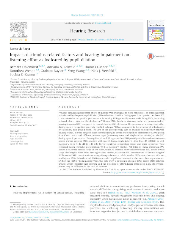 Impact of stimulus-related factors and hearing impairment on listening effort as indicated by pupil dilation Thumbnail