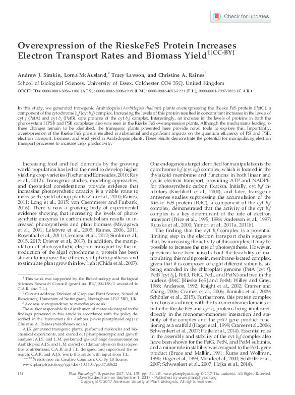 Overexpression of the RieskeFeS protein increasese electron transport rates and biomass yield Thumbnail