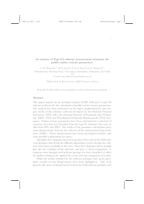 An analysis of Type F2 software measurement standards for profile surface texture parameters [Abstract] Thumbnail