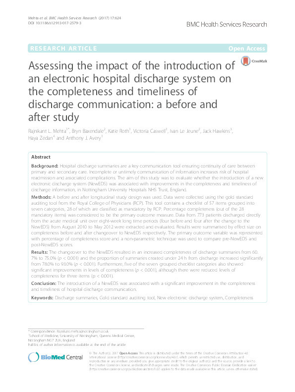 Assessing the impact of the introduction of an electronic hospital discharge system on the completeness and timeliness of discharge communication: a before and after study Thumbnail