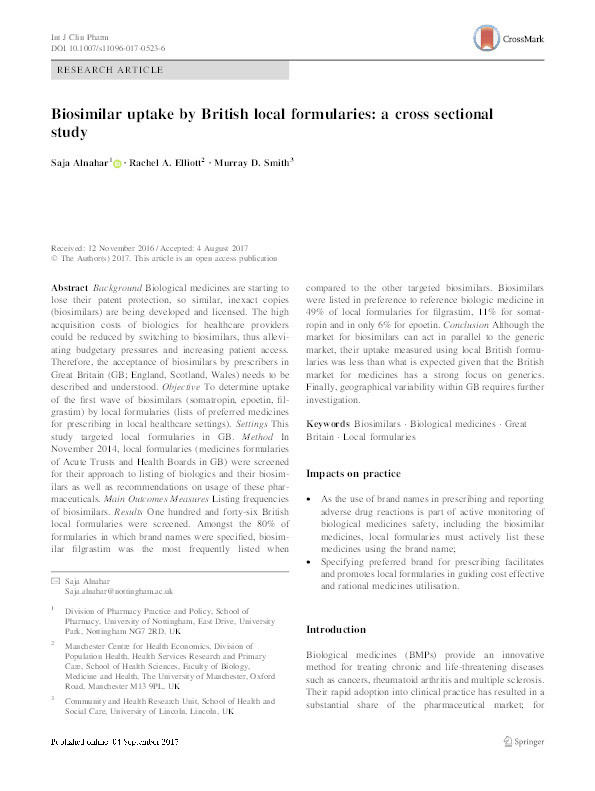 Biosimilar uptake by British local formularies: a cross sectional study Thumbnail