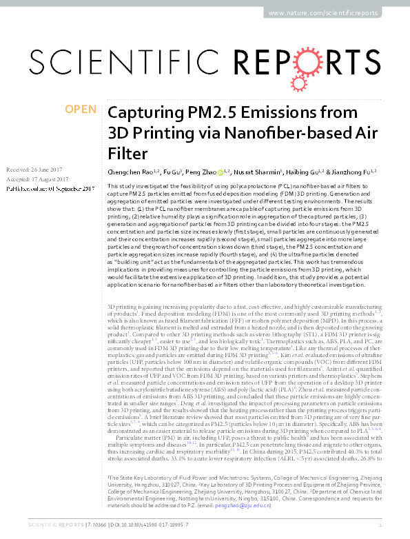 Capturing PM2.5 Emissions from 3D Printing via Nanofiber-based Air Filter Thumbnail