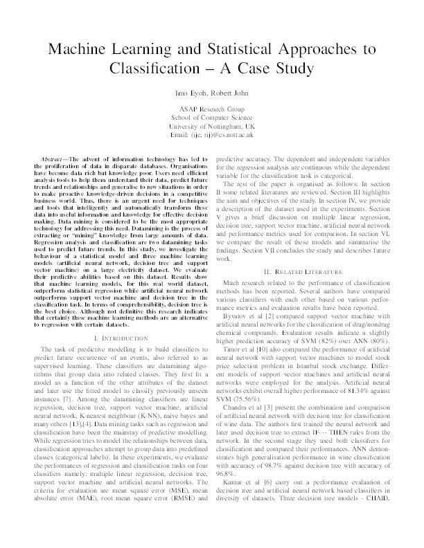 Machine learning and statistical approaches to classification – a case study Thumbnail