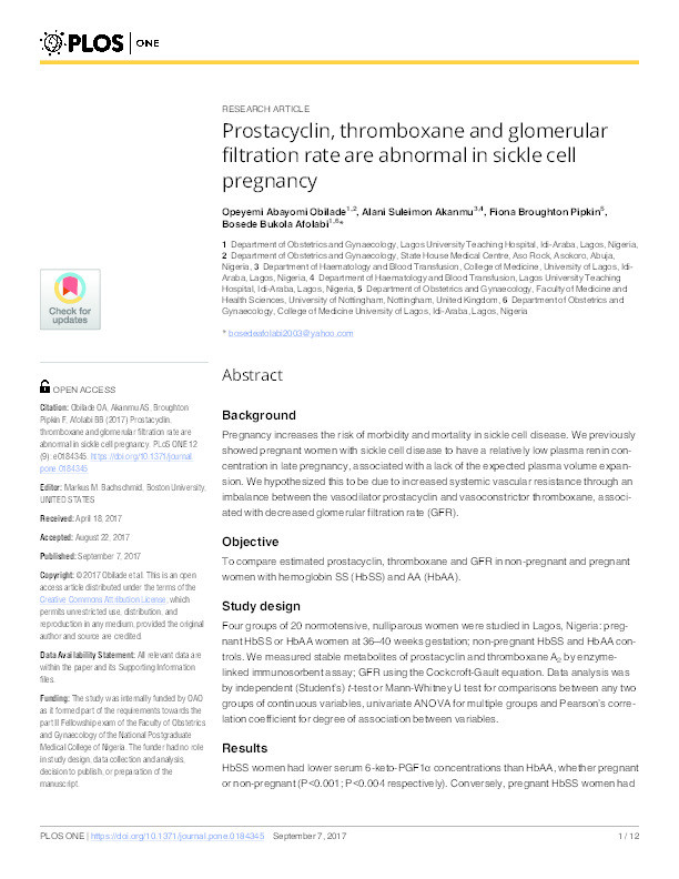 Prostacyclin, thromboxane and glomerular filtration rate are abnormal in sickle cell pregnancy Thumbnail