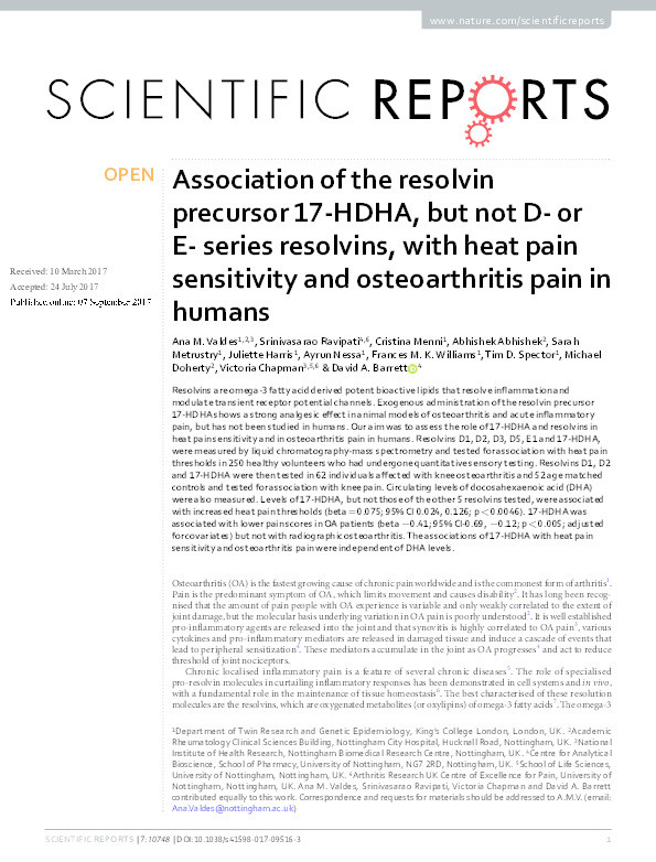 Association of the resolvin precursor 17-HDHA, but not D- or E- series resolvins, with heat pain sensitivity and osteoarthritis pain in humans Thumbnail