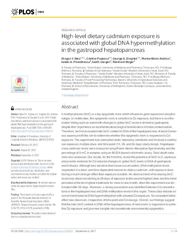 High-level dietary cadmium exposure is associated with global DNA hypermethylation in the gastropod hepatopancreas Thumbnail