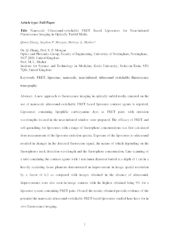 Nanoscale ultrasound-switchable FRET based liposomes for near-infrared fluorescence imaging in optically turbid media Thumbnail