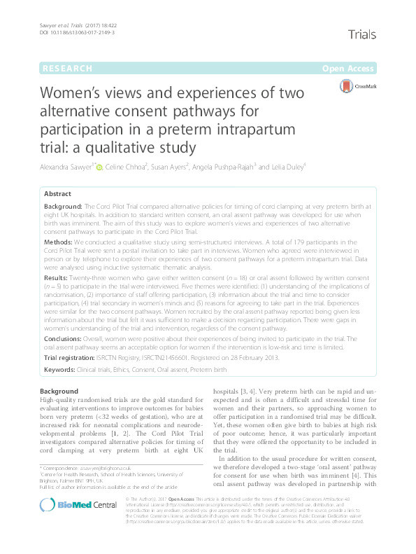 Women’s views and experiences of two alternative consent pathways for participation in a preterm intrapartum trial: a qualitative study Thumbnail