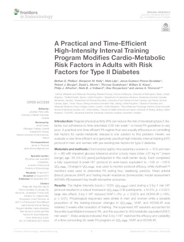 A practical and time-efficient high-intensity interval training program modifies cardio-metabolic risk factors in adults with risk factors for type ii diabetes Thumbnail