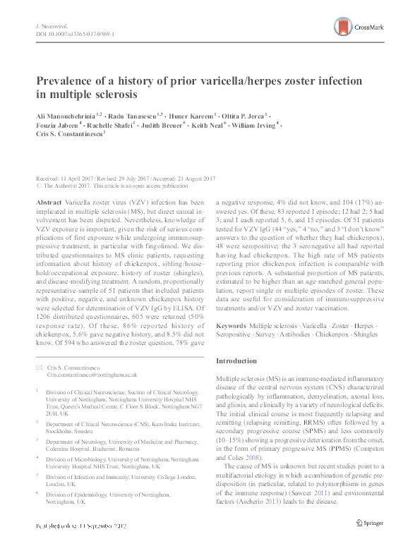Prevalence of a history of prior varicella/herpes zoster infection in multiple sclerosis Thumbnail